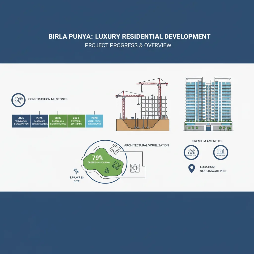 Birla Punya construction status infographic showing luxury residential development progress with tower foundations, basement excavation, construction cranes, and timeline milestones