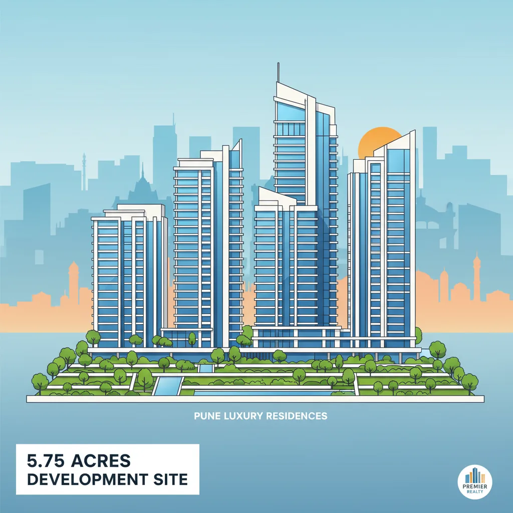 Modern luxury residential high-rise towers in Pune city with elegant architectural design, glass facades, and lush green landscaped gardens