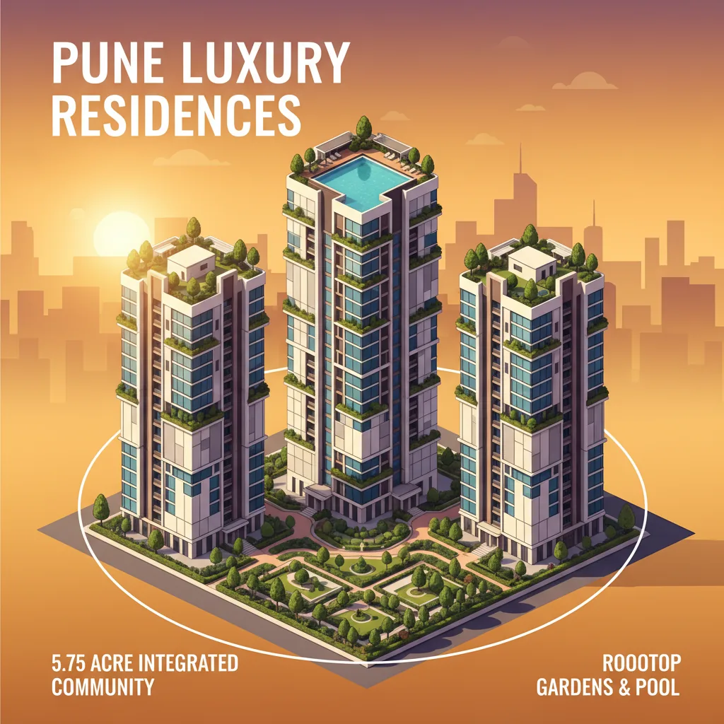 Birla Punya Launch Price - Modern luxury residential high-rise towers in Pune cityscape with green rooftop gardens and swimming pool