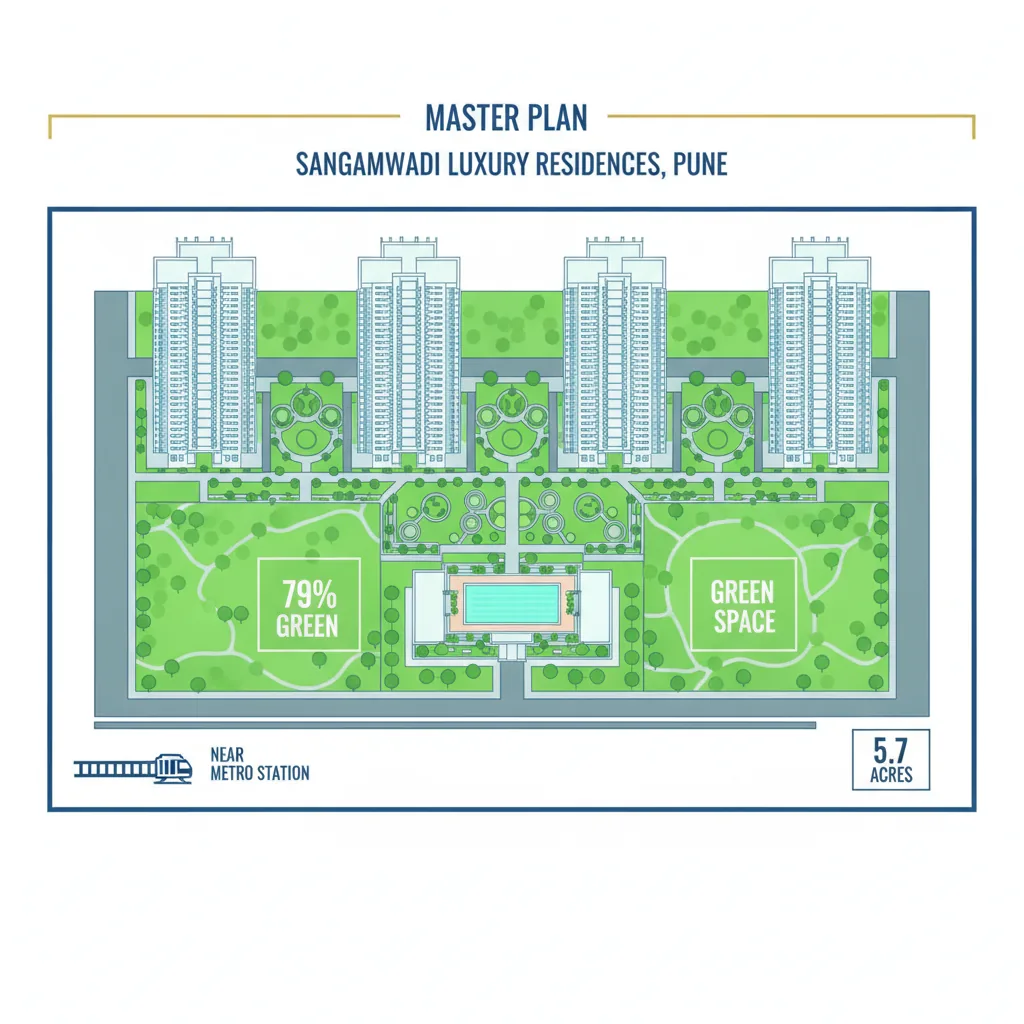 Aerial view of Birla Punya luxury residential apartment complex master plan showing 4 high-rise towers, green parks, and clubhouse with rooftop pool