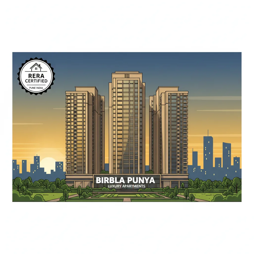 Birla Punya luxury residential high-rise towers at sunset with RERA certification - modern apartment complex in Pune with contemporary glass architecture and landscaped gardens