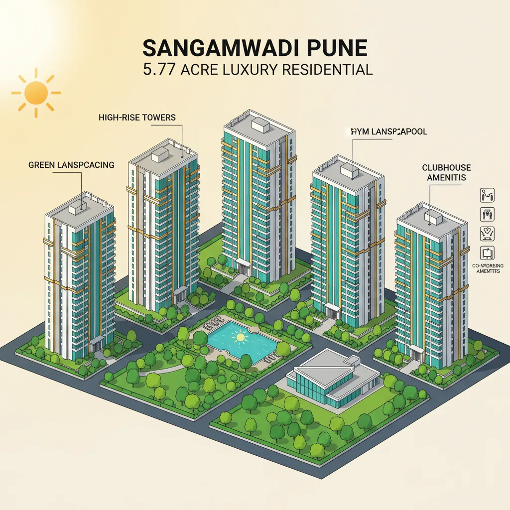 Birla Punya Video - Modern luxury residential high-rise towers in Sangamwadi Pune, aerial drone view showing 5.75 acre township with green landscaping and clubhouse amenities
