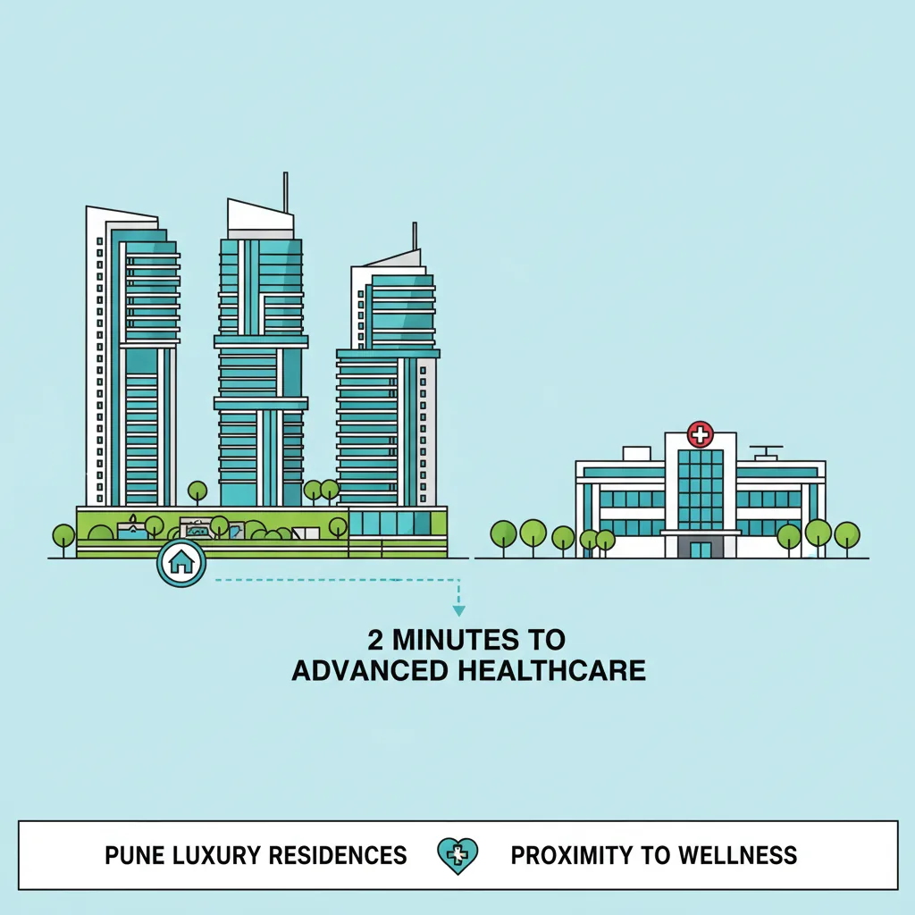 Modern luxury residential high-rise towers in Pune city with medical hospital buildings visible in the background, showing proximity to healthcare facilities