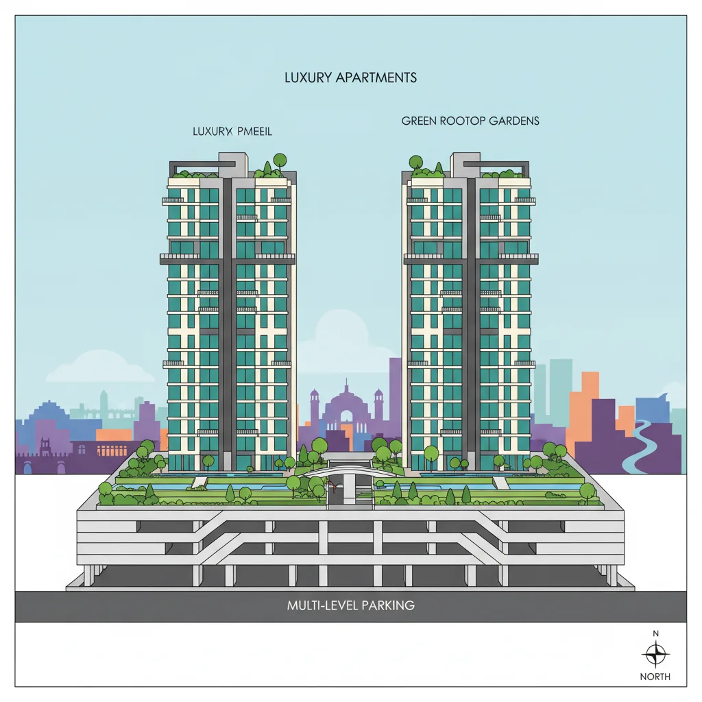 Modern luxury residential apartment complex with multi-level covered parking at Birla Punya
