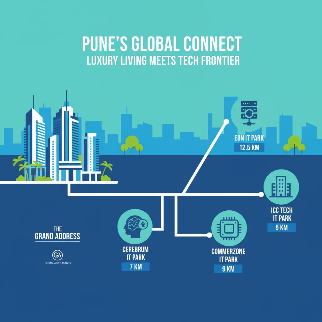 IT Hubs Near Birla Punya - Infographic showing luxury residential complex connected to nearby business parks and tech centers in Pune
