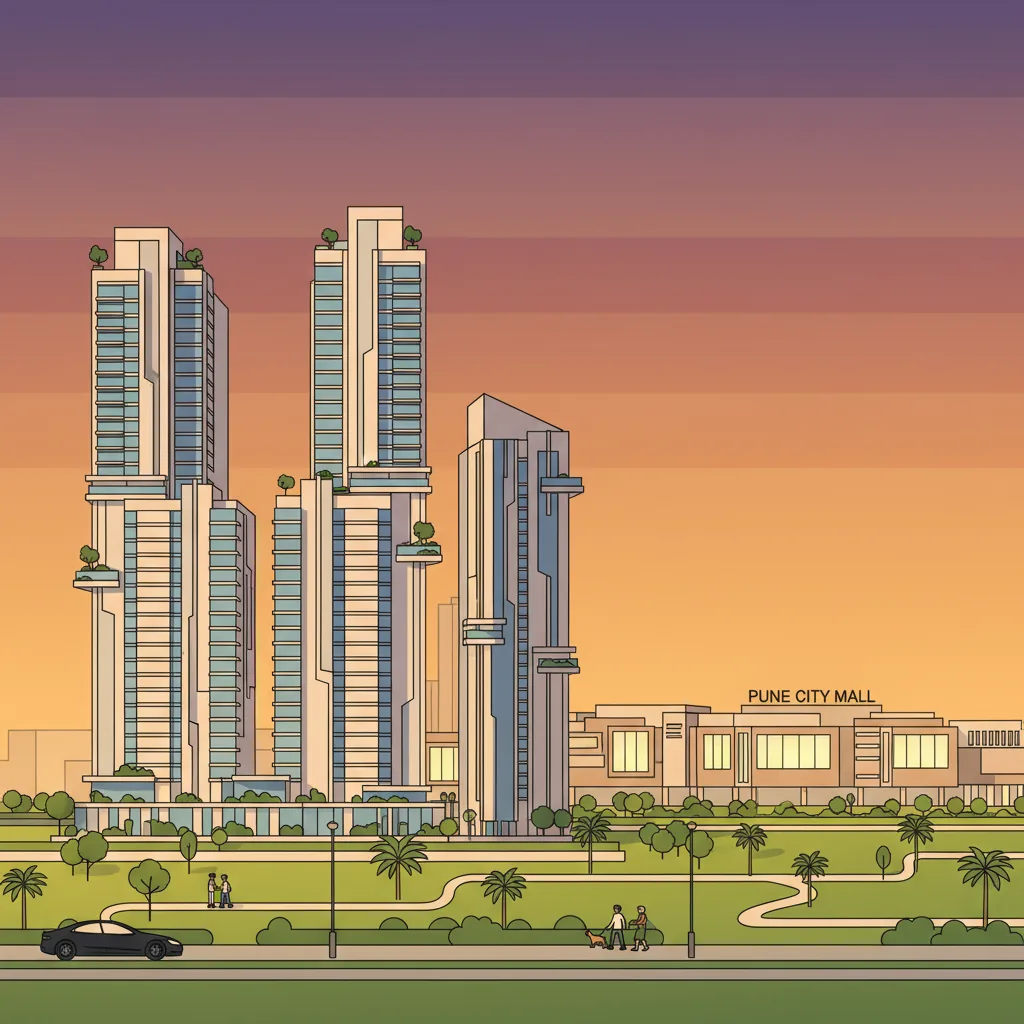 Modern luxury residential high-rise towers in Pune with shopping mall skyline in background
