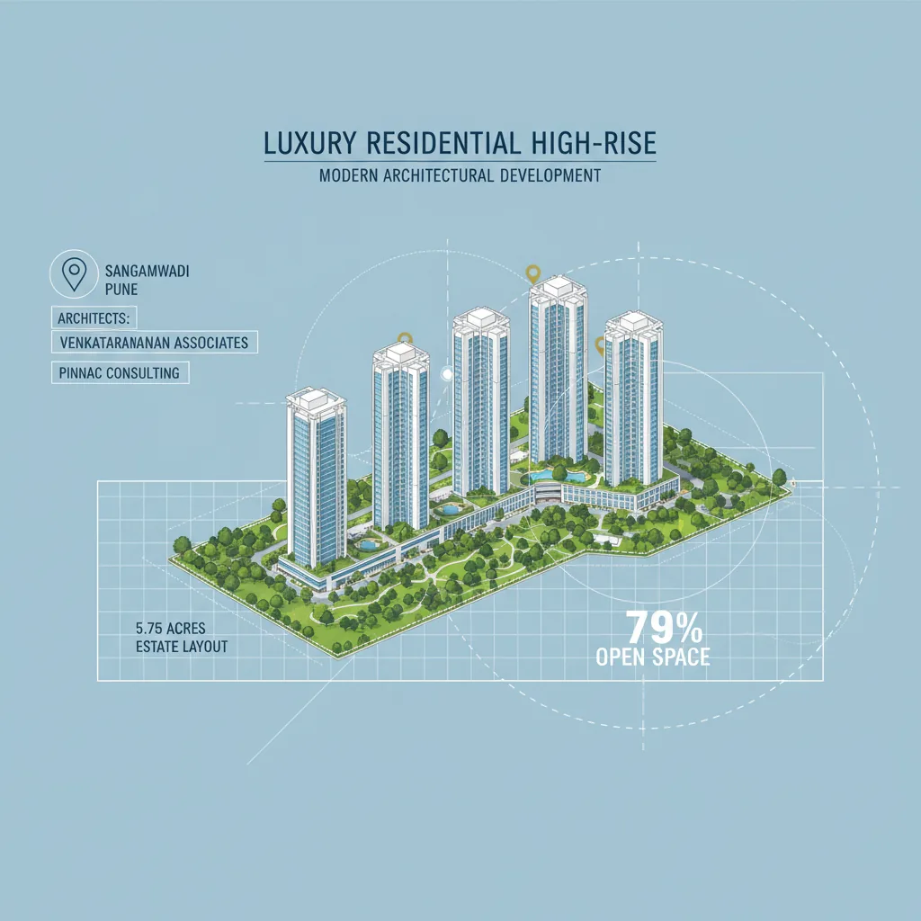Modern architectural infographic showing Birla Punya luxury residential development with green parks, towers, and blueprint elements